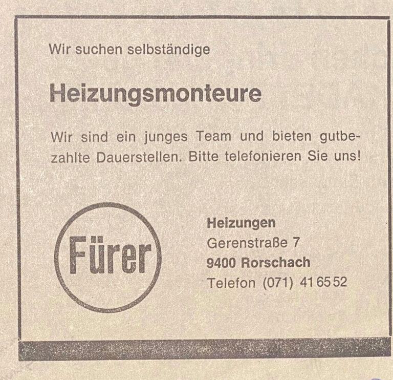 Inserat Fürer erster Mitarbeiter